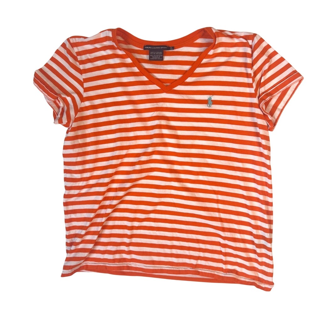 Ralph‎ Lauren Sport T-Shirt Striped V-Neck XL Orange White Womens Nautical Tee